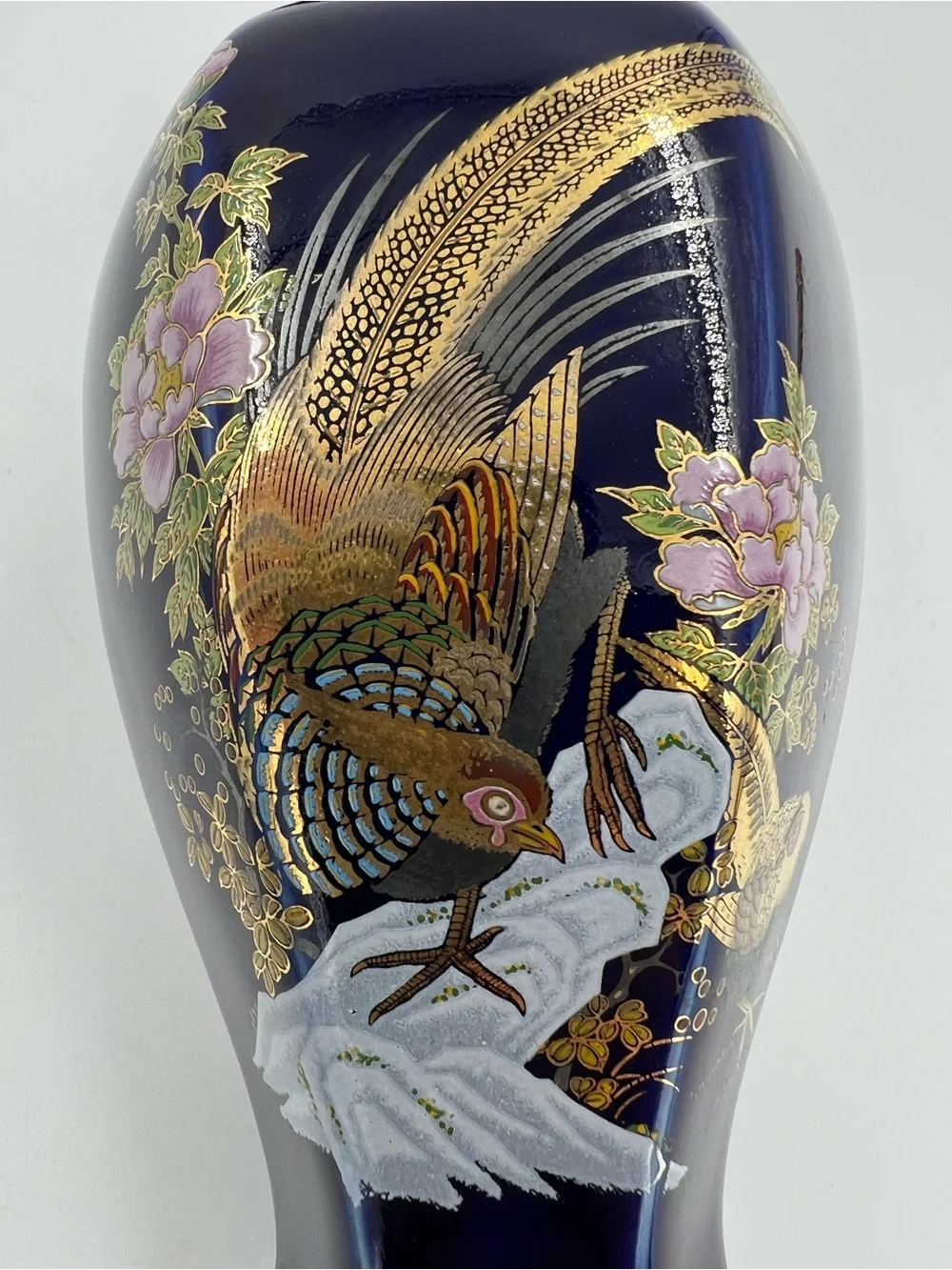 Vintage Japanese Blue Cobalt Porcelain Floral Gold Pheasant Vase 8” Tall